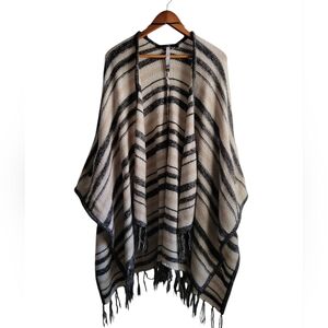 Striped Knit Cardigan Poncho with Fringe